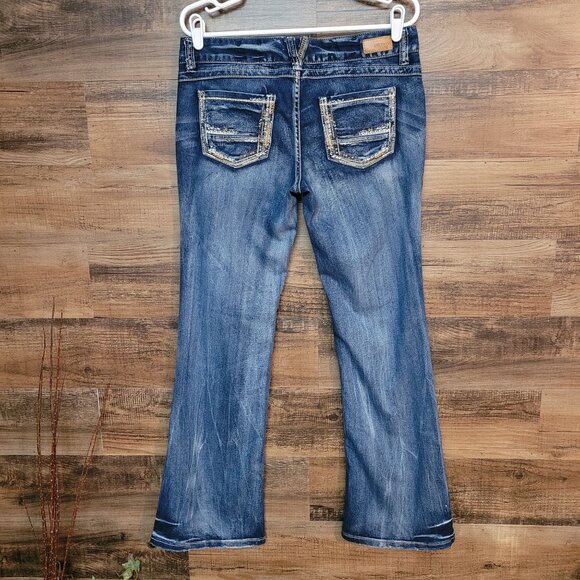 Amethyst Jeans Size 11 Zoey Flare Low Rise Thick Stitch Dark Wash Stretch - Picture 2 of 11